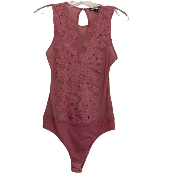 Haute Monde Tops - Haute Monde Floral Sheer Bodysuit Embroidered Applique Mauve Blush Festival